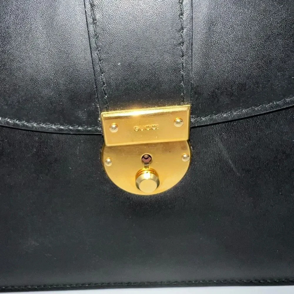 Gucci Vintage Black Leather Padlock Clutch Gold Tone Hardware